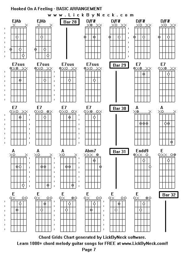 Chord Grids Chart of chord melody fingerstyle guitar song-Hooked On A Feeling - BASIC ARRANGEMENT,generated by LickByNeck software.